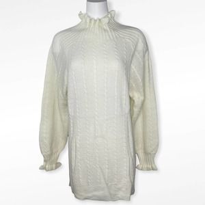 NWT Storia Super Soft Ruffle Neck Long Sweater Cream Cableknit  M/L